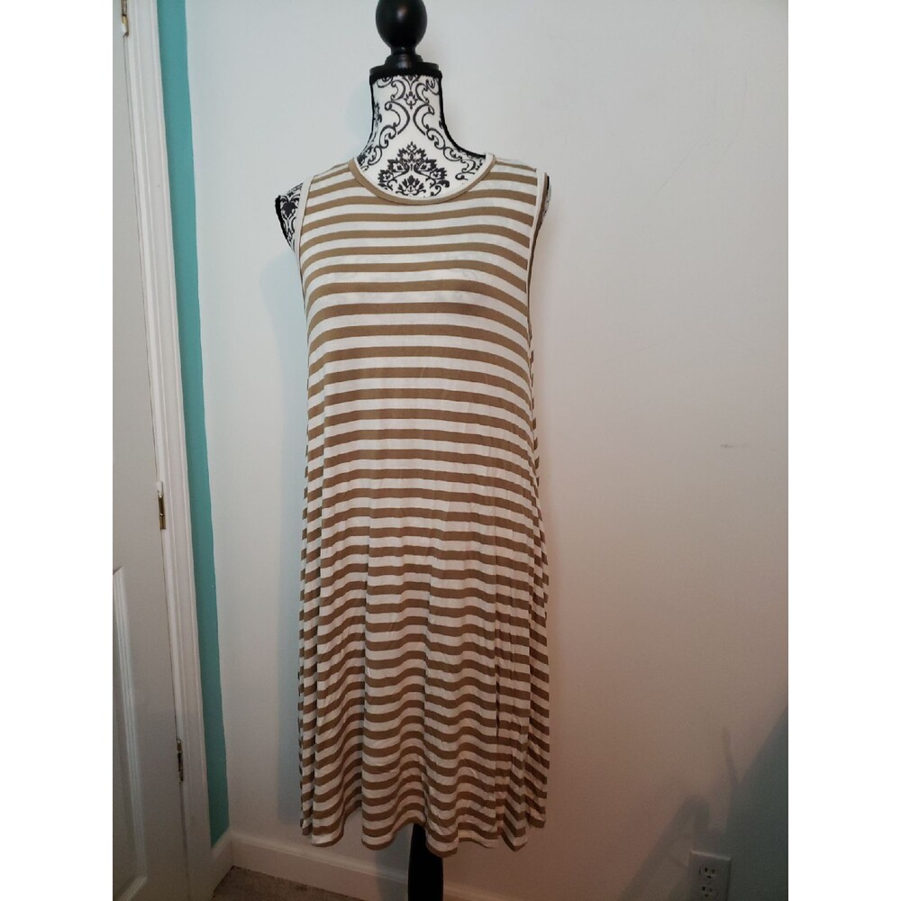 Honey and Lace NWT Tan Beige Striped Sleeveless Pocket Tunic Dress L